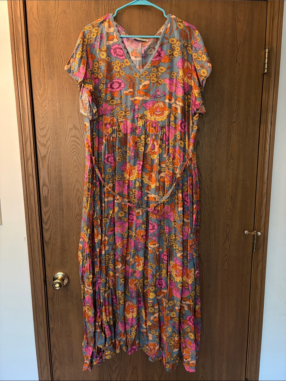Amazon Floral V-Neck Maxi Dress in Gray, Pink & Orange